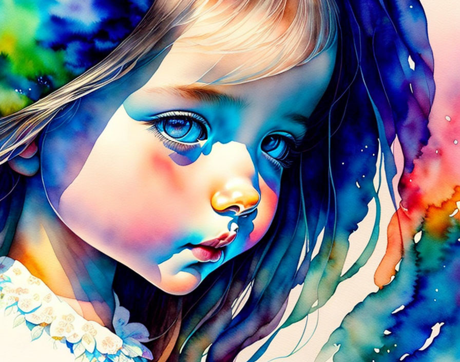 Colorful watercolor portrait of a young girl with expressive features