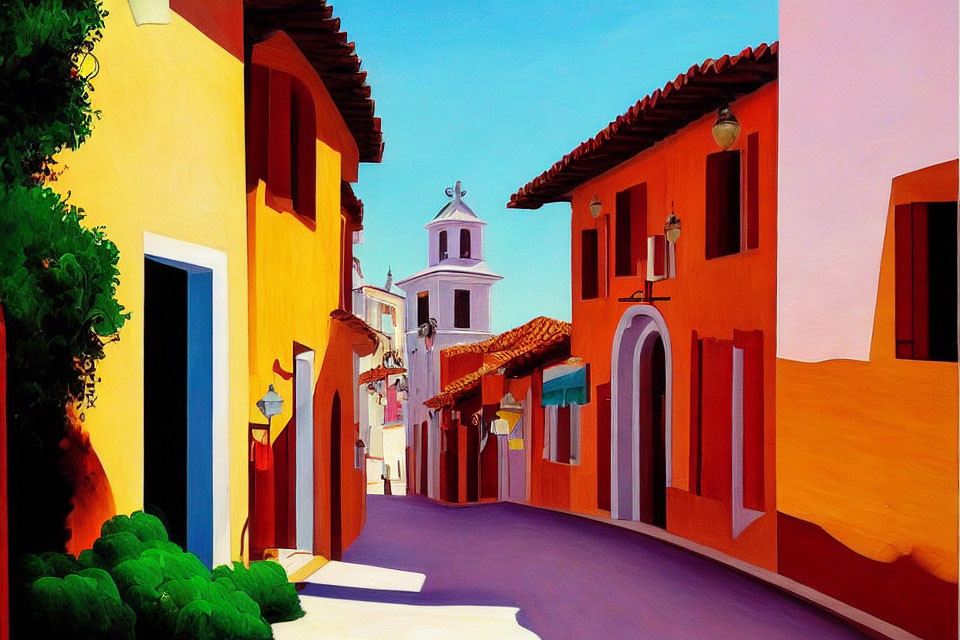 Vibrant street scene with colorful buildings and bell tower