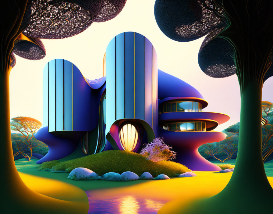 Colorful surreal landscape with futuristic blue building and whimsical trees