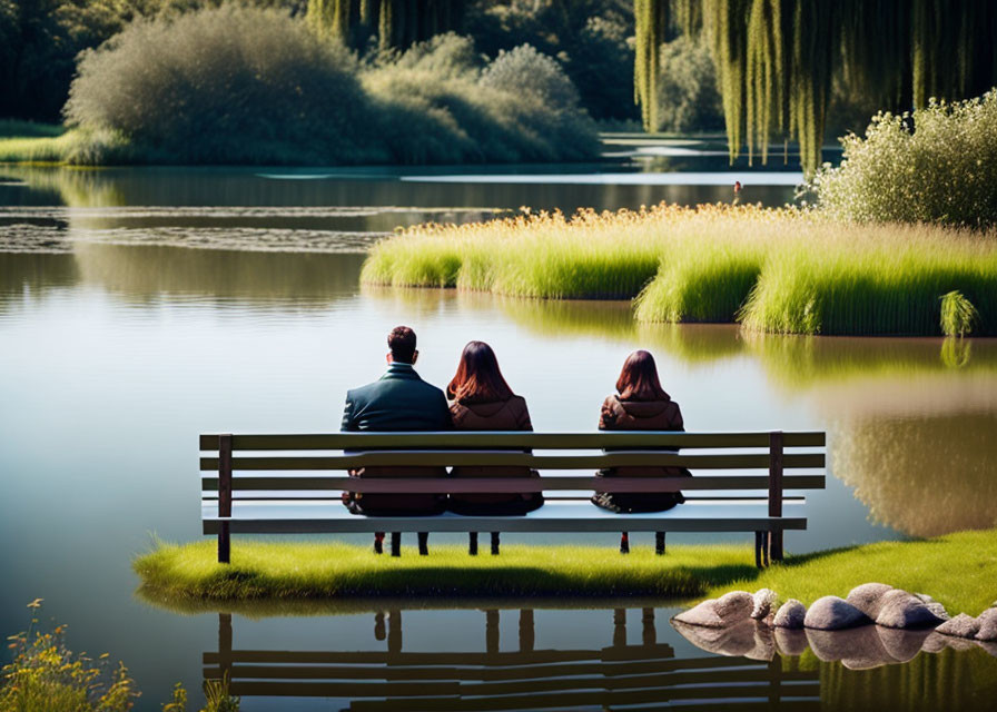 Tranquil lake scene with three people on park bench