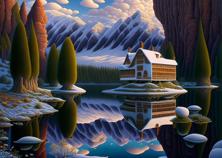 Fantastical landscape with serene lake, quaint house, and snow-capped mountains