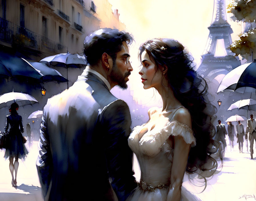 Wedding couple in Paris street with umbrellas and Eiffel Tower