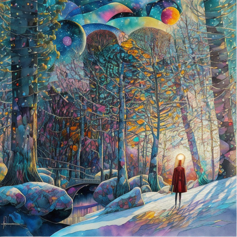 Person in red cloak in vibrant snowy forest with oversized planets in sky