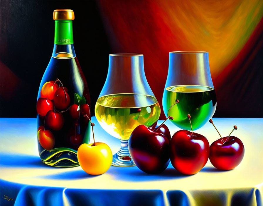 Colorful Still Life Painting with Wine Bottle, Glasses, and Fruits