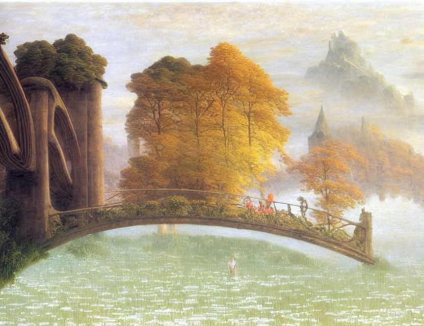 Tranquil landscape with stone bridge, autumn tree, misty background, and distant castle