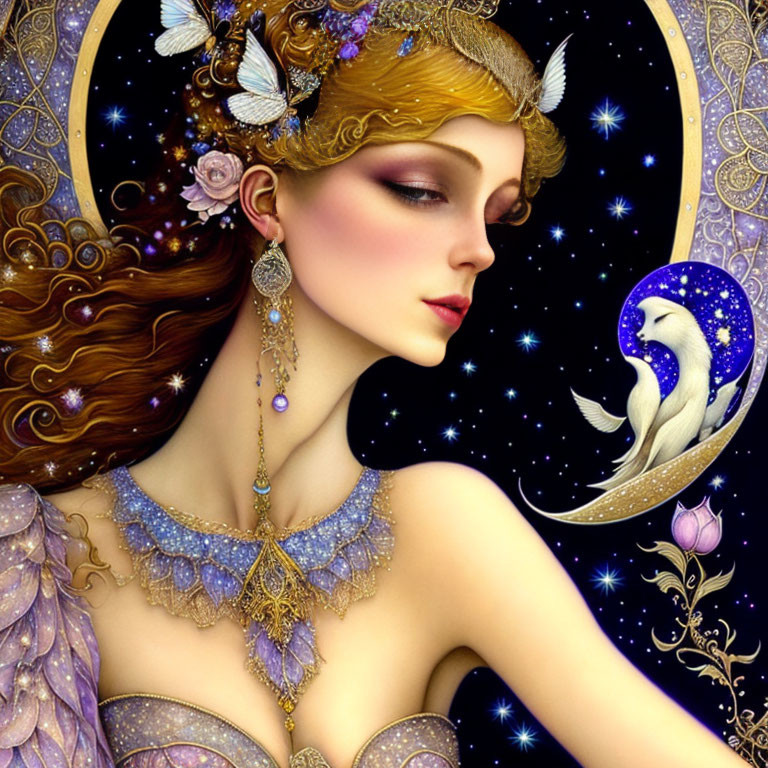 Enchanting woman with golden headdress and purple garment in night sky backdrop