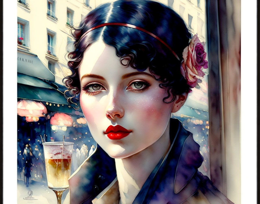 Digital illustration: Young woman with vintage style, red lips, flower in hair, champagne glass, city