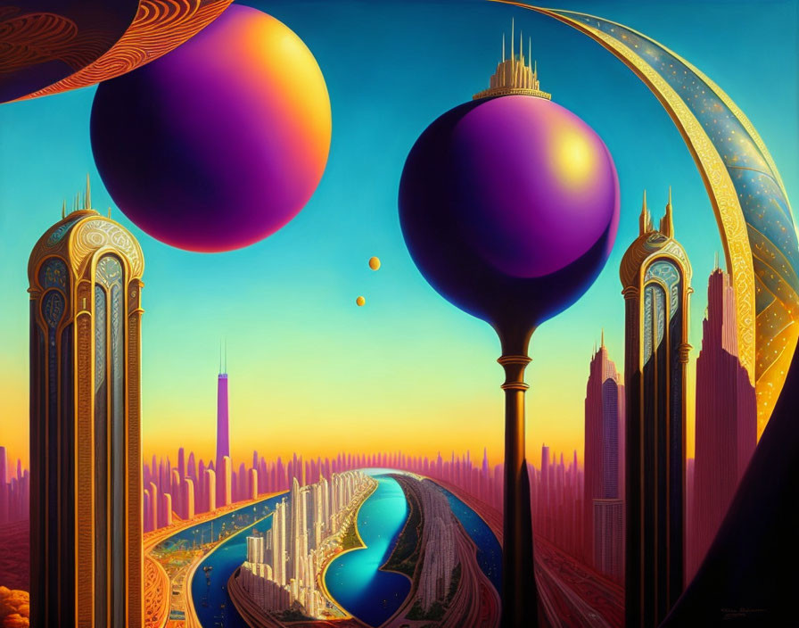 Futuristic cityscape with towering spires and floating orbs over a reflective river