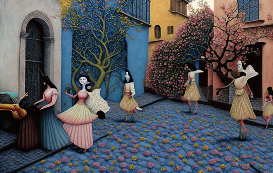 Whimsical painting of women dancing on cobblestone street