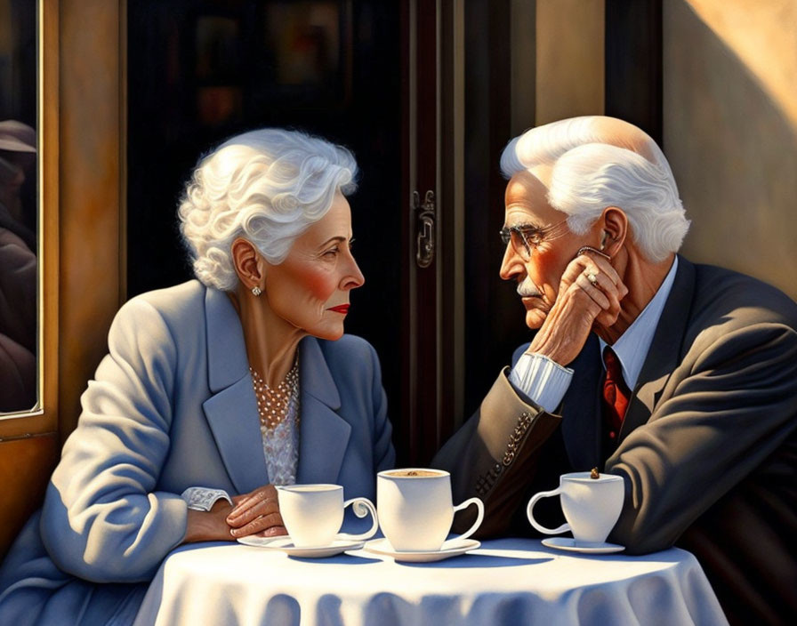 Elderly couple with white hair sharing a tender gaze in café setting