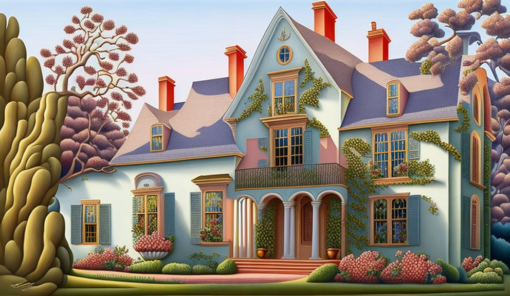 Colorful Victorian-style house illustration with trees and shrubbery