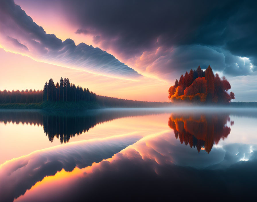 Serene lake with tree reflection at vibrant sunset