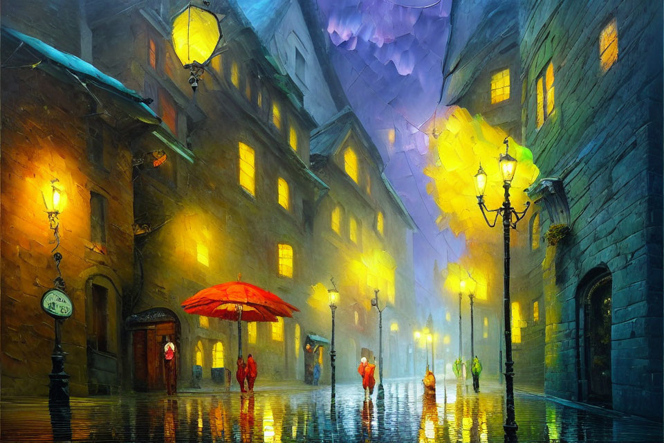 Colorful painting of rainy evening street scene with glowing lamps and umbrellas.