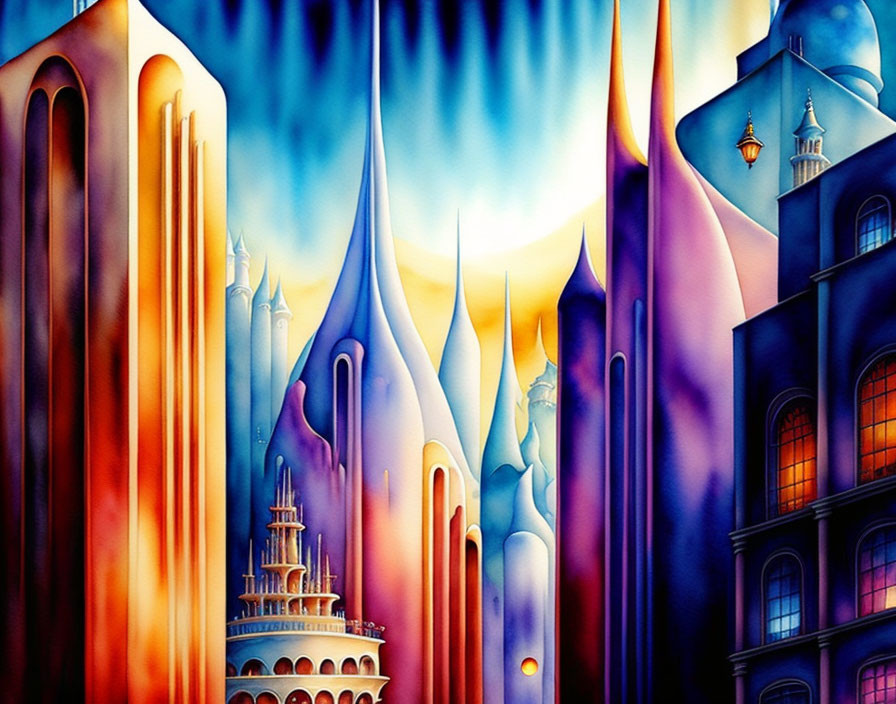 Vibrant painting of fantastical cityscape with pointed spires.