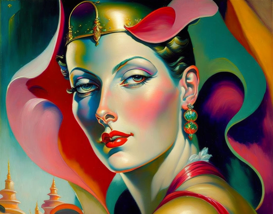 Colorful surreal portrait of woman with exaggerated features and jewel accessories.