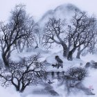 Winter landscape with dog on snow-covered bridge at twilight