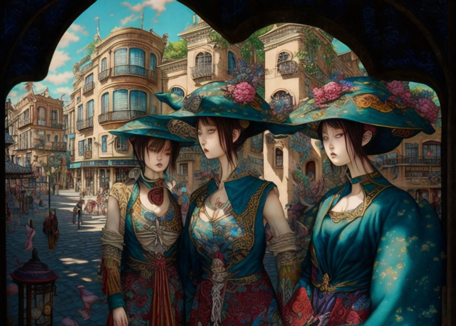 Elegantly dressed women in wide-brimmed hats on vintage street scene