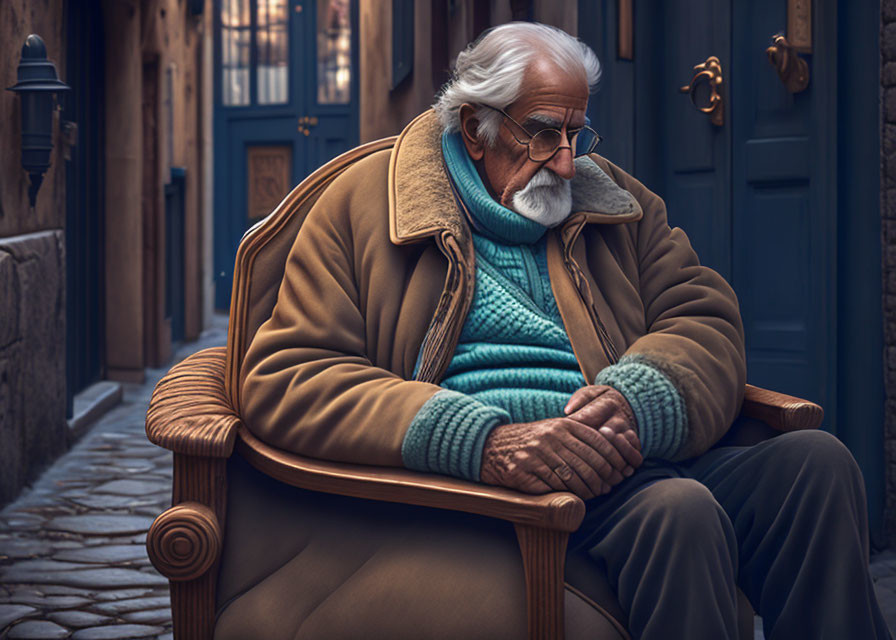 White-bearded elderly man in brown jacket and glasses sitting on wooden chair on cobbled street