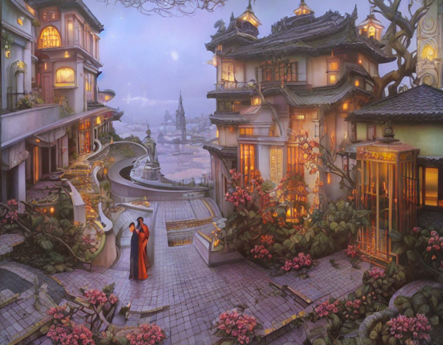 Fantastical Asian-inspired village at twilight with ornate buildings and figures in traditional attire