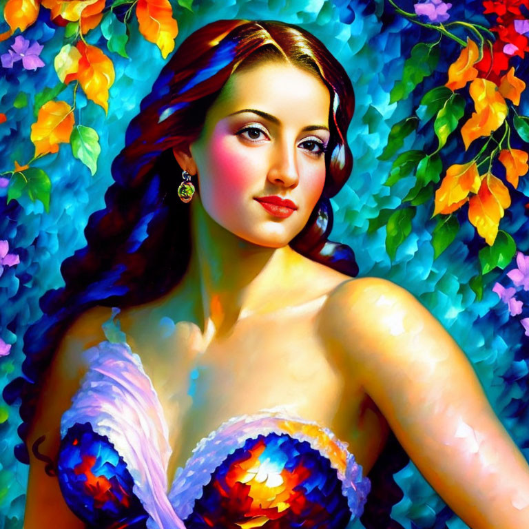 Colorful portrait of a woman surrounded by vibrant flowers and leaves