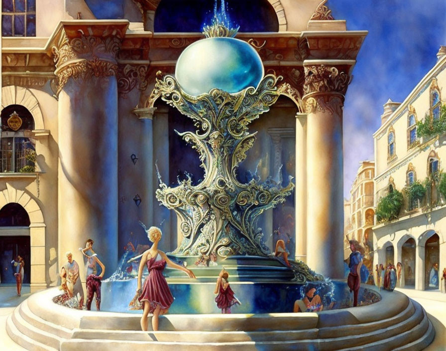 Surreal fountain with giant cross and orb in classical plaza