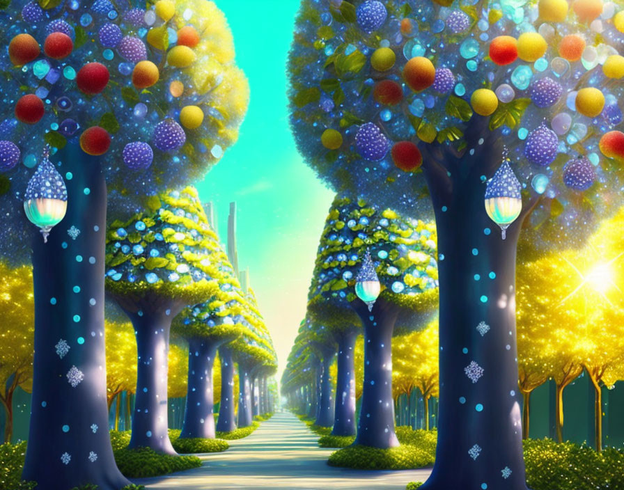 Enchanted avenue with oversized fruit-bearing trees under starry sky