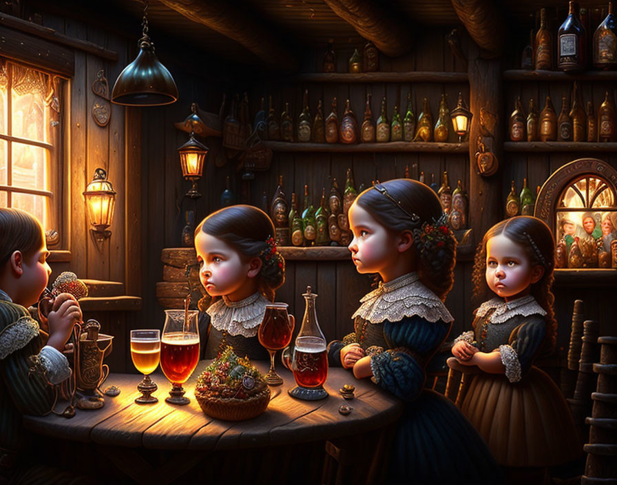 Victorian-era children in cozy tavern setting with vintage decor