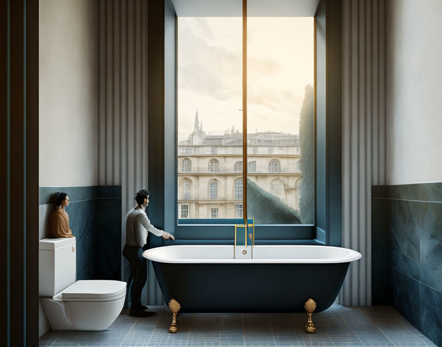 Luxurious bathroom with freestanding bathtub and cityscape view