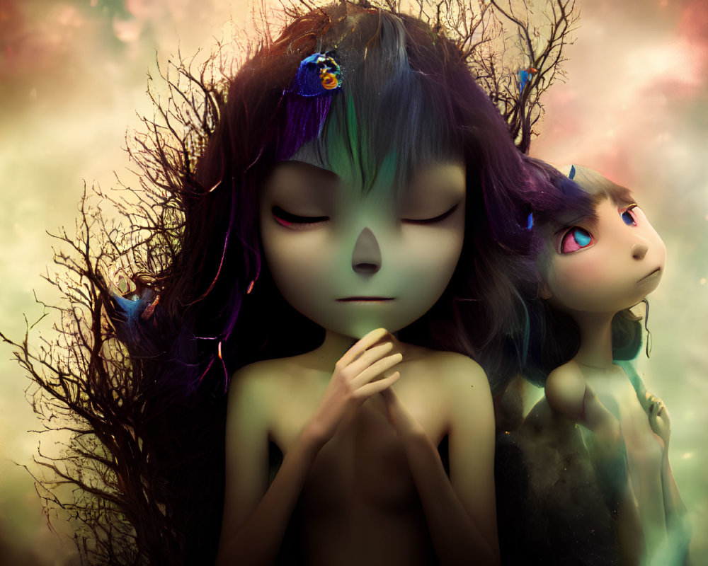 Ethereal characters with colorful hair and flowers in contemplation