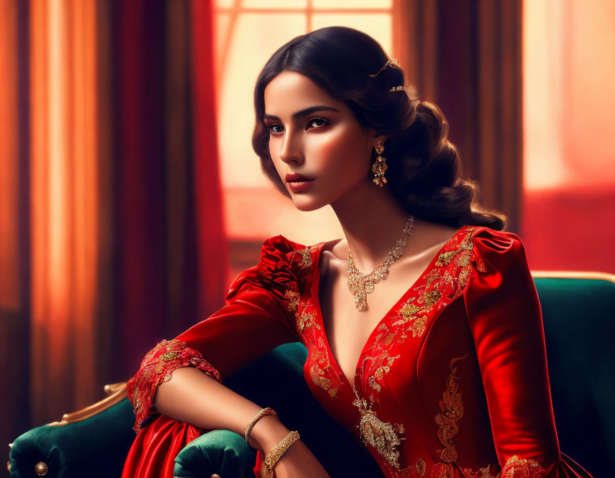 Luxurious woman in red dress with gold embroidery on green velvet chair