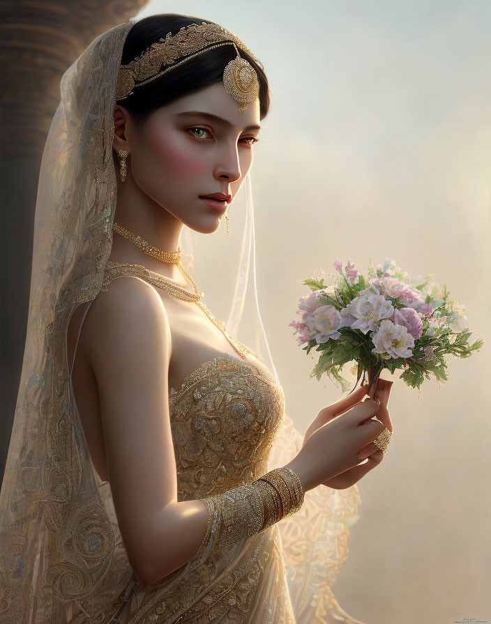 Digital artwork featuring pale-skinned woman in ornate bridal gown with gold detailing and bouquet.