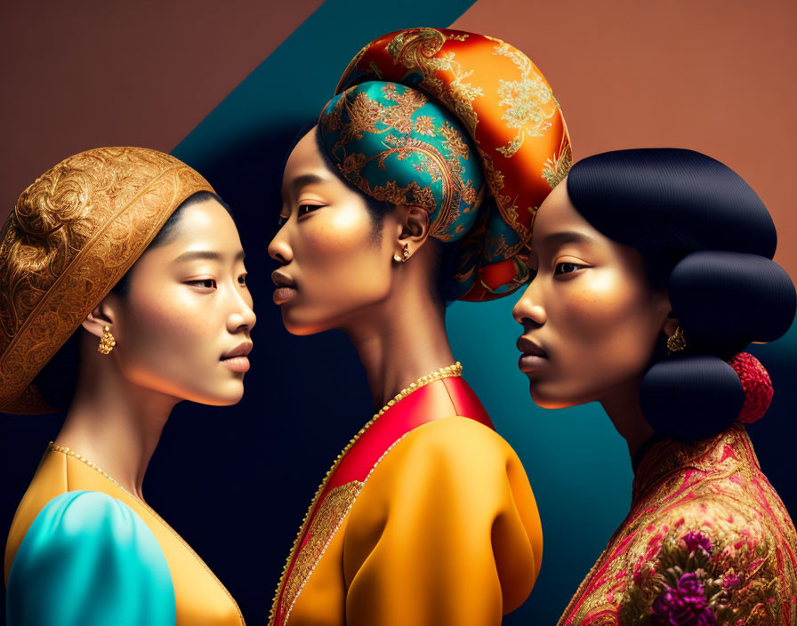 Three Women in Traditional Attire with Intricate Headwear on Geometric Background