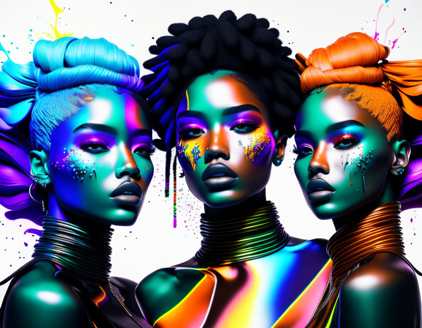 Colorful makeup and unique hairstyles in digital art portraits of women