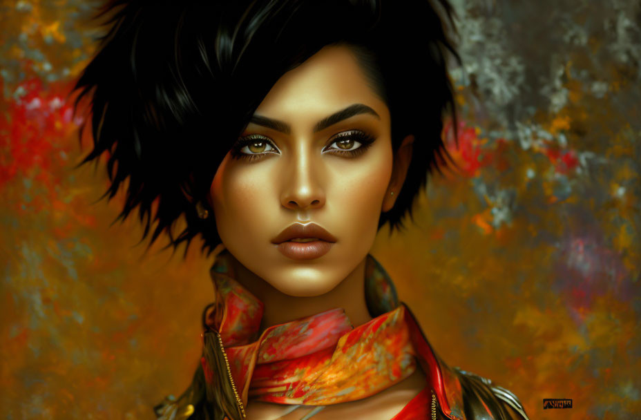 Colorful Scarf Woman Portrait on Amber Background