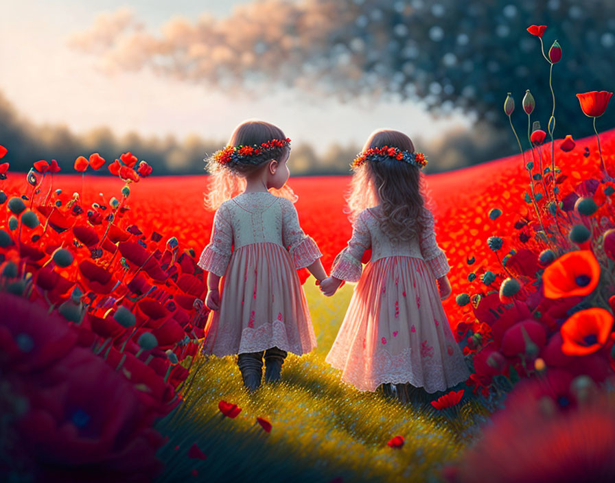 Young girls in white dresses walking through vibrant red poppy field at sunset