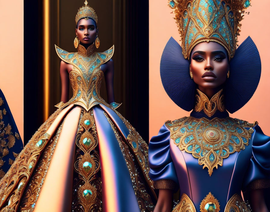 Regal Woman in Luxurious Blue and Gold Gown