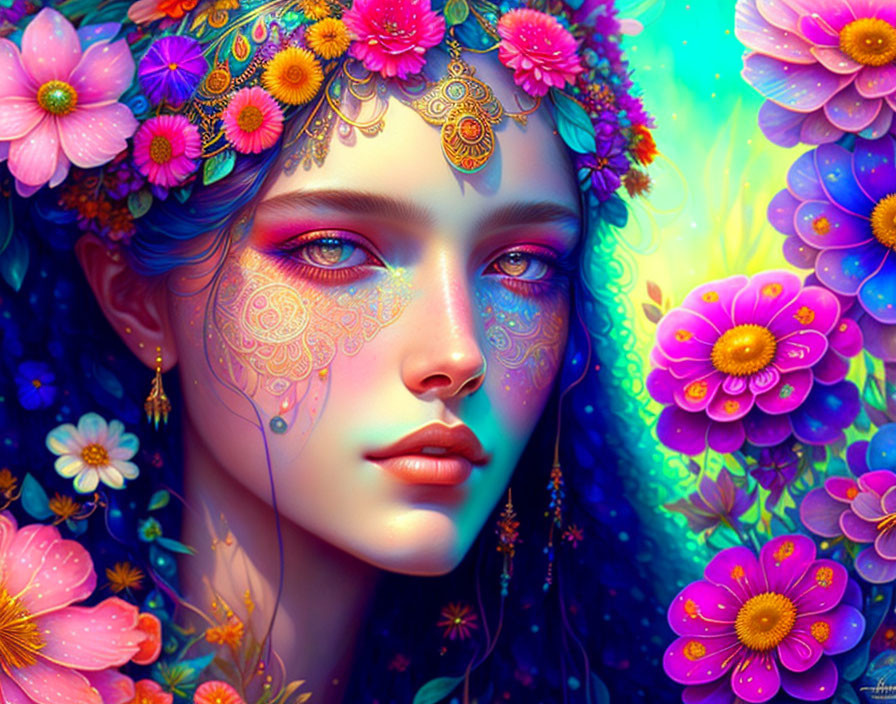 Vibrant digital artwork of woman with floral patterns and headpiece