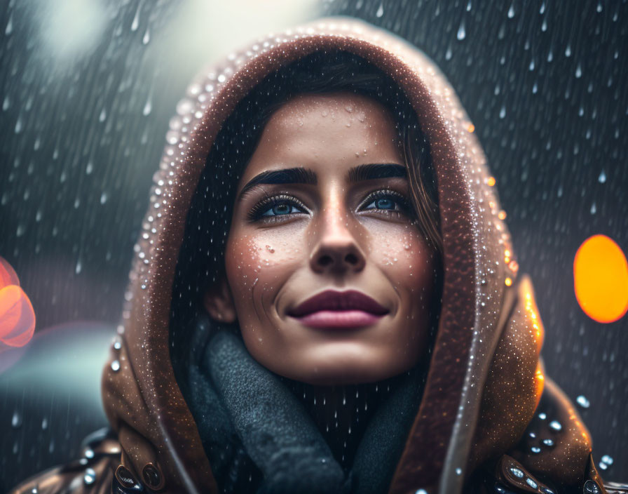 Serene young woman in hooded coat under raindrops and soft lights