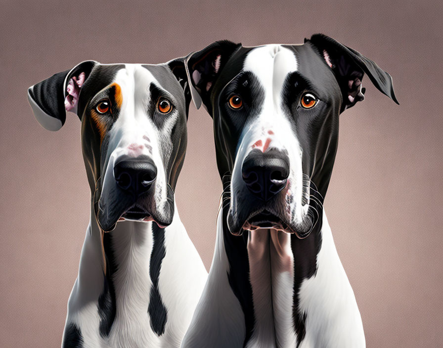 Black and White Great Danes with Brown Eye Patch on Pink Background