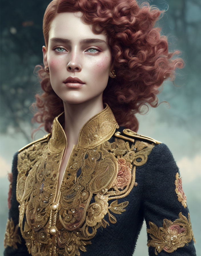 Curly Red-Haired Woman in Golden-Embroidered Black Military Jacket