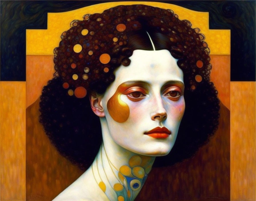 Portrait of woman with pale skin, dark curly hair, and golden disc adornments on yellow background