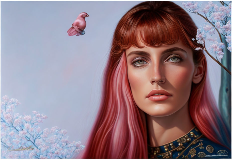 Digital portrait of woman with pink hair and bird on branch against soft blue sky and pink blossoms