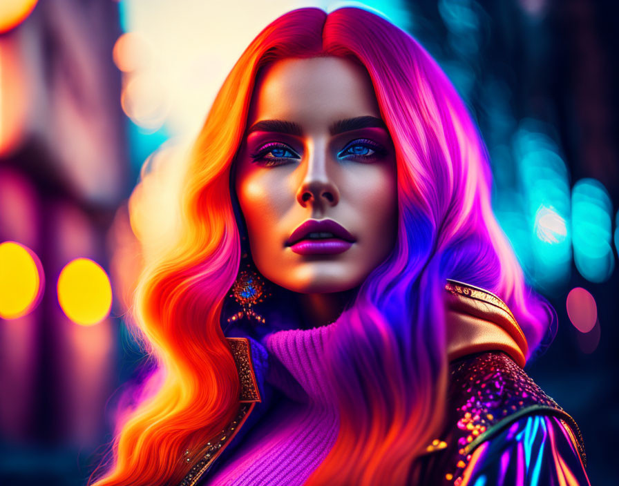 Colorful portrait of woman with orange and purple hair, blue eyes, purple top, and golden jacket