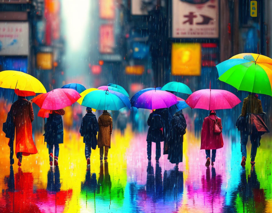 Colorful umbrellas on wet street under neon city lights.