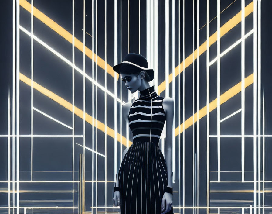 Female mannequin in striped outfit and beret under blue ambient lighting