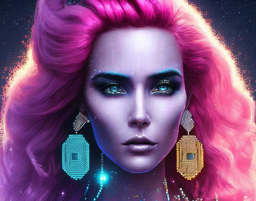 Colorful portrait of woman with pink hair and blue eyes on cosmic backdrop