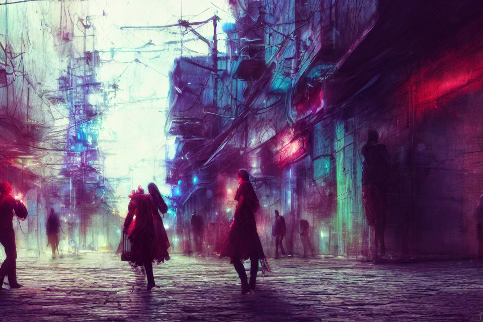 Futuristic city street with neon lights in red and blue