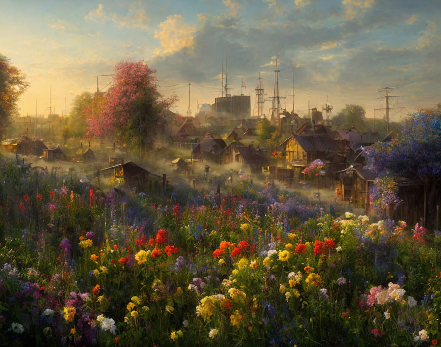 Scenic village with blooming gardens and misty sunrise.