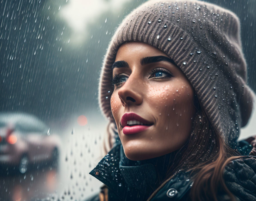 Woman smiling in beanie under rain shower with droplets on face.