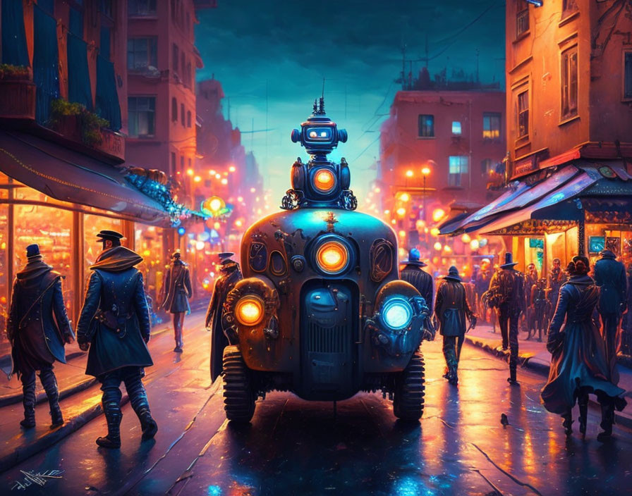 Futuristic robot with lights in bustling city street at dusk